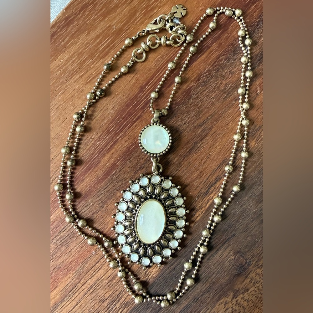 Lucky Brand Gold Tone and Cream Beaded Necklace Long Pendant